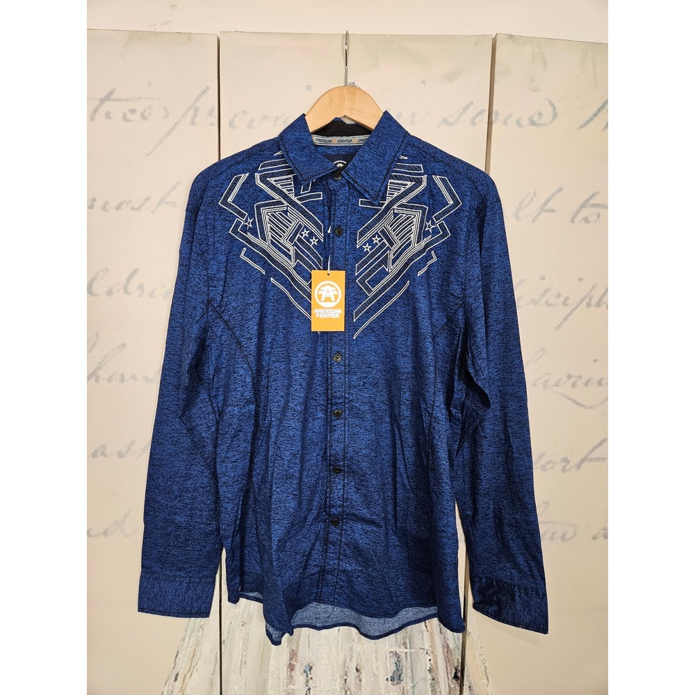 NWT American Fighter Sequence Blue Space Dye Long Sleeve Button Down Shirt L